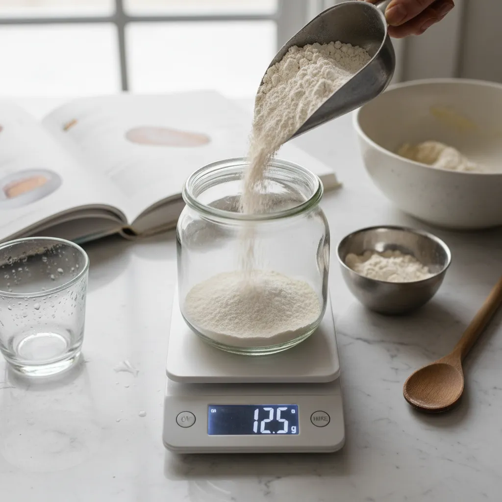 Pouring flour into a sourdough starter jar on a digital scale