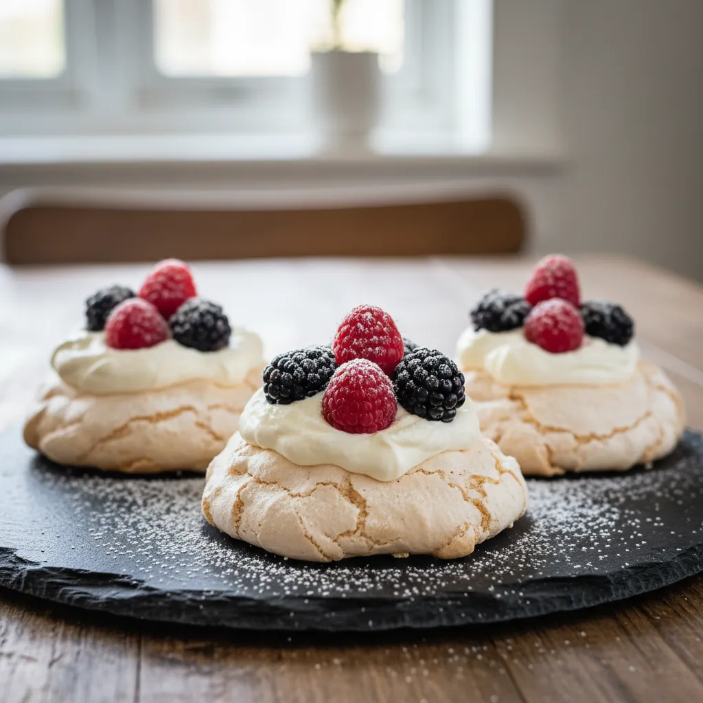 Individual pavlova nests topped with cream and fresh berries