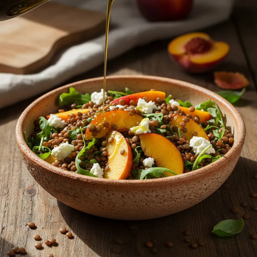 Bowl of healthy lentil salad with sliced peaches and goat cheese