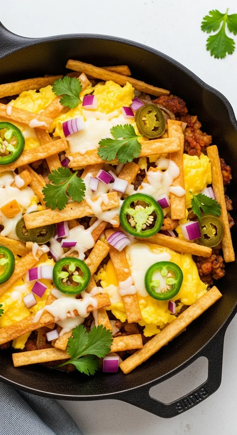 Cast iron skillet filled with golden fried flour tortilla strips scrambled with eggs and topped with fresh cilantro