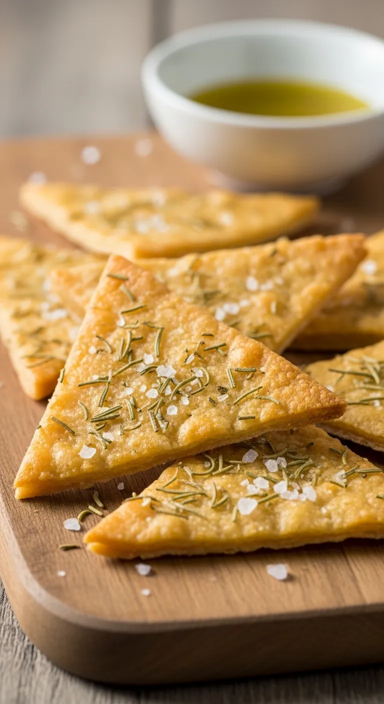 Golden brown flour tortilla crackers seasoned with rosemary and sea salt on a wooden board