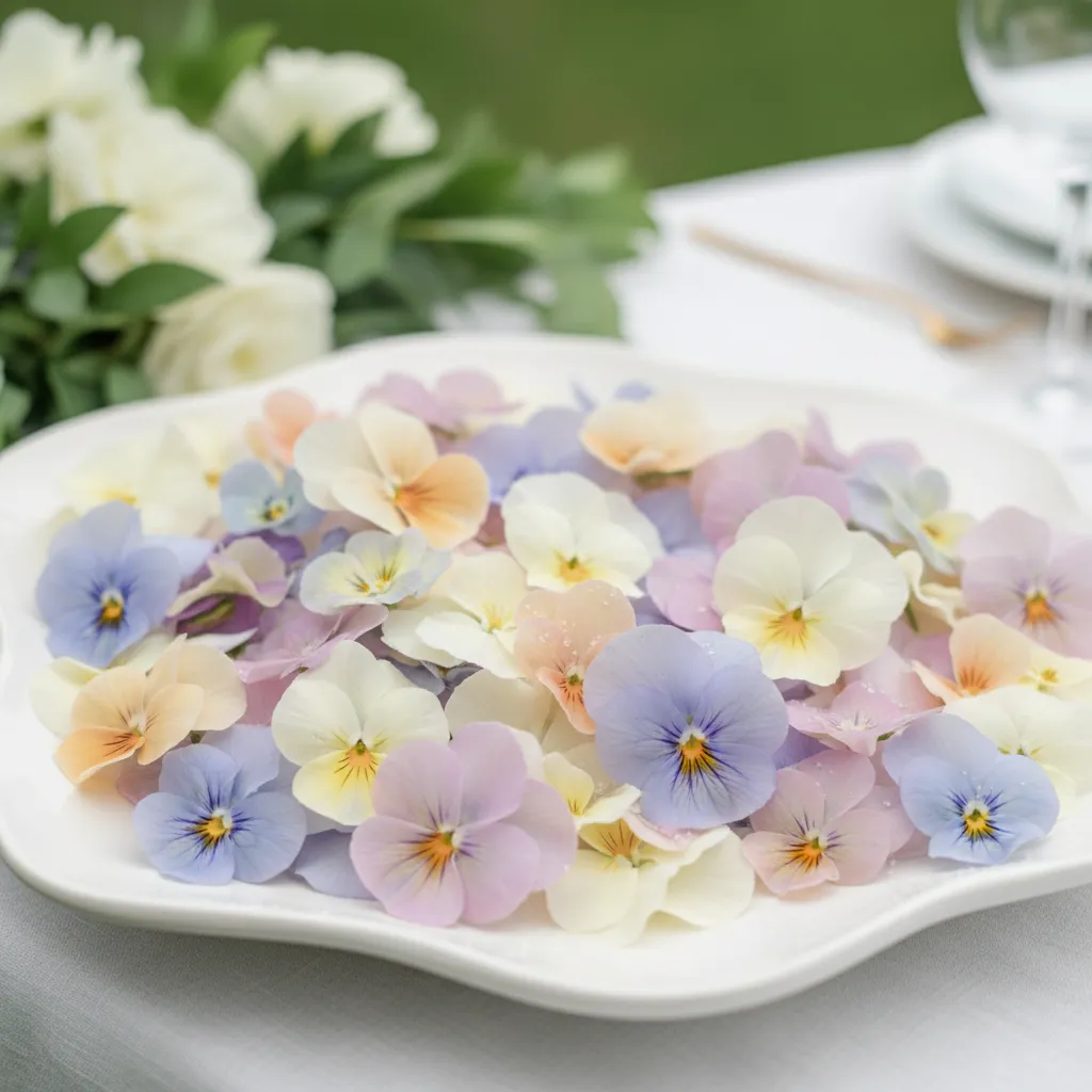 Detailed view of edible flowers in pastel shades used for food styling.