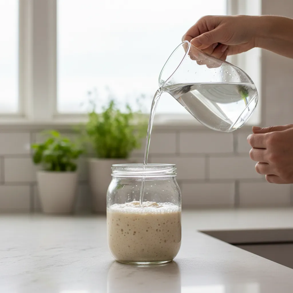 Pouring prepared water into a sourdough starter jar.