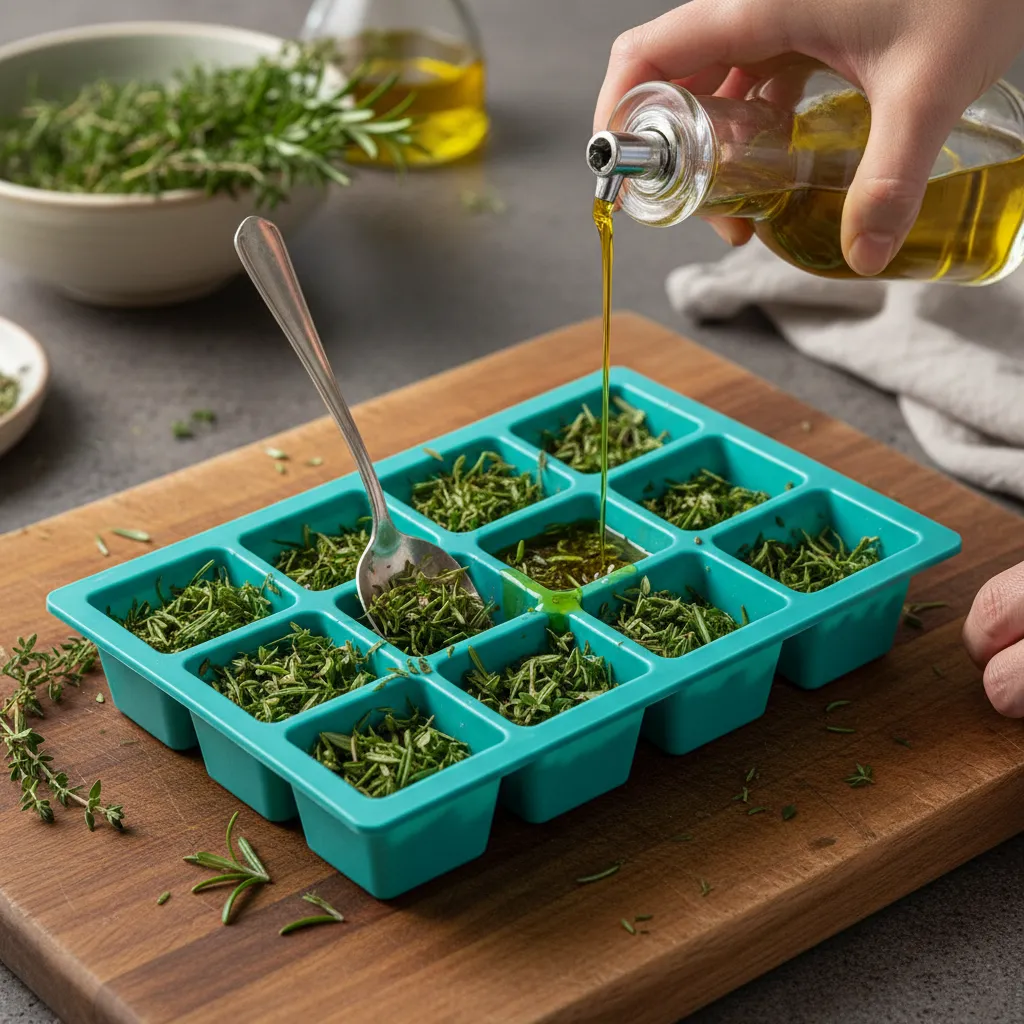 Pouring olive oil over chopped herbs in a silicone ice cube tray