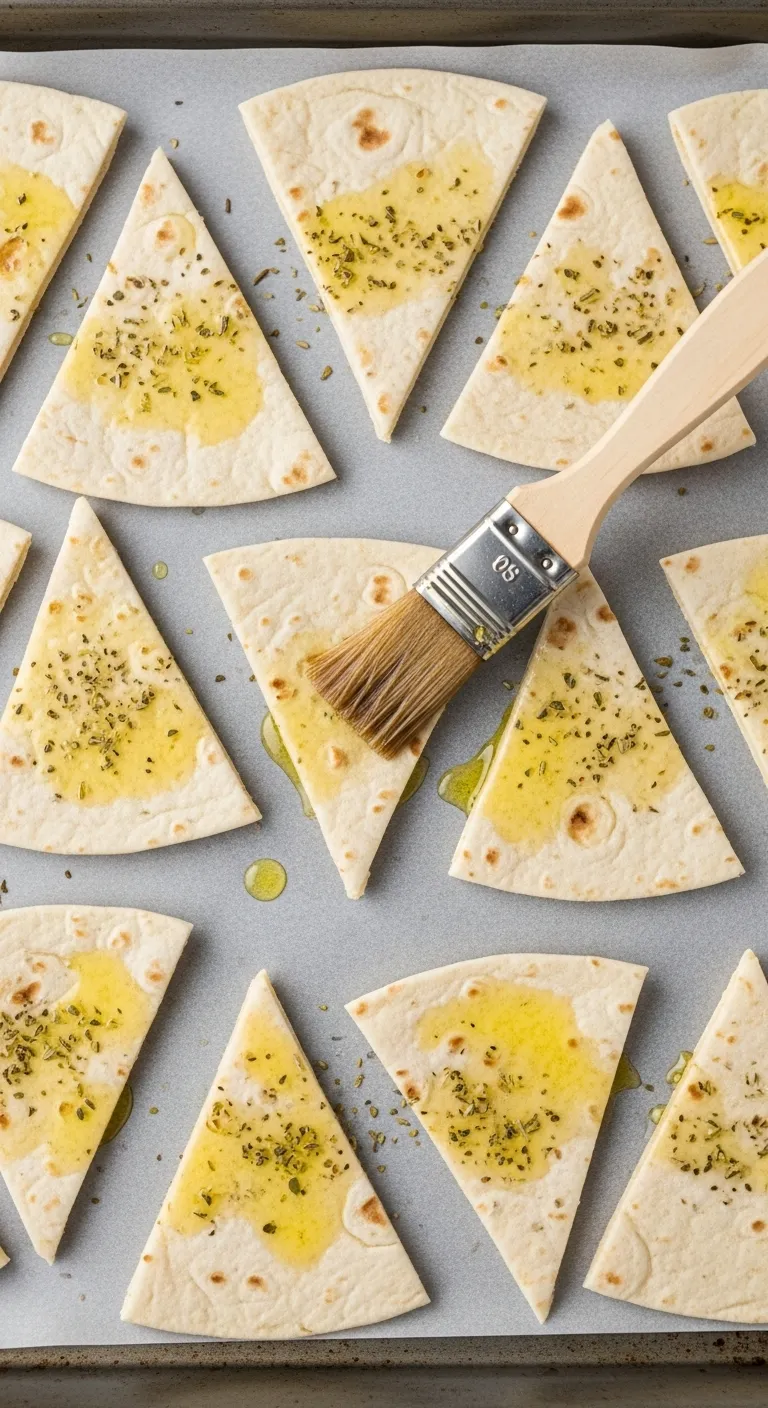 Raw tortilla wedges on baking sheet being brushed with olive oil