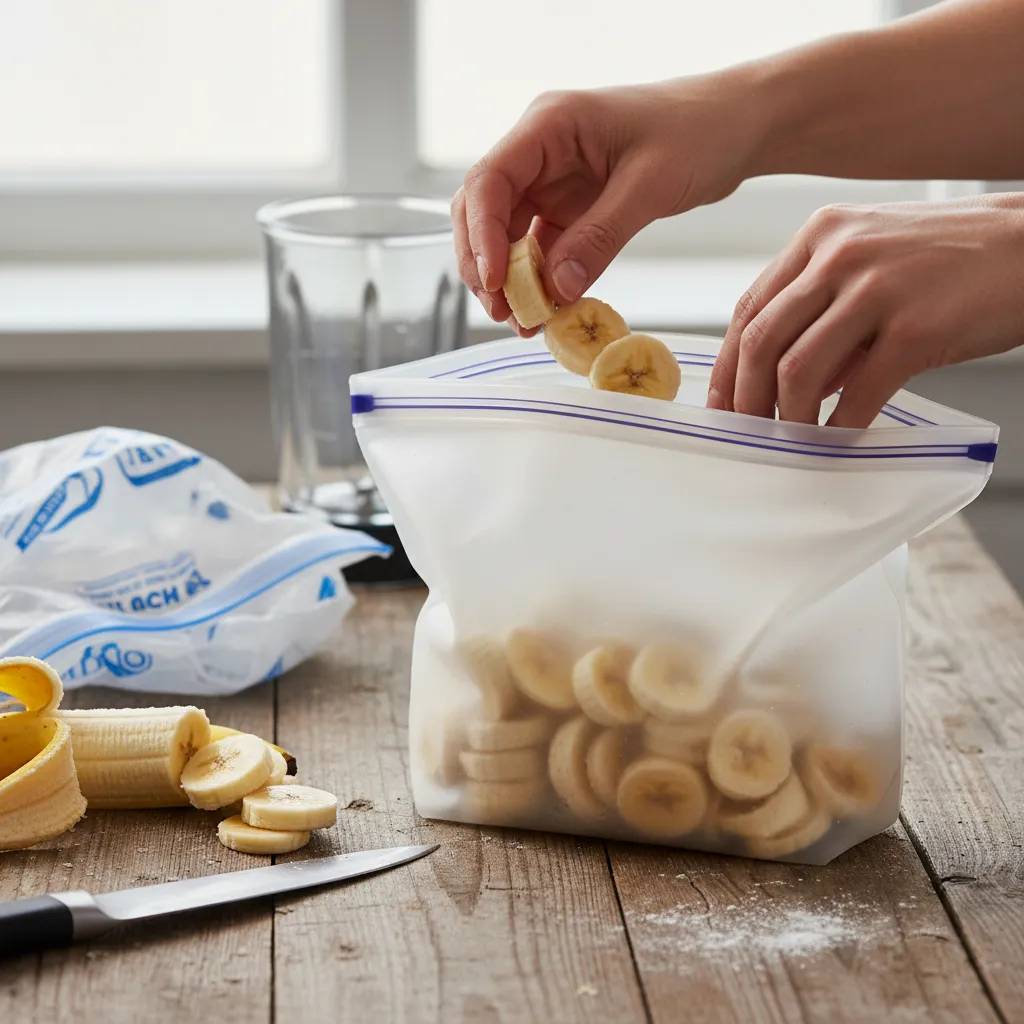 Hands filling a freezer bag with sliced bananas