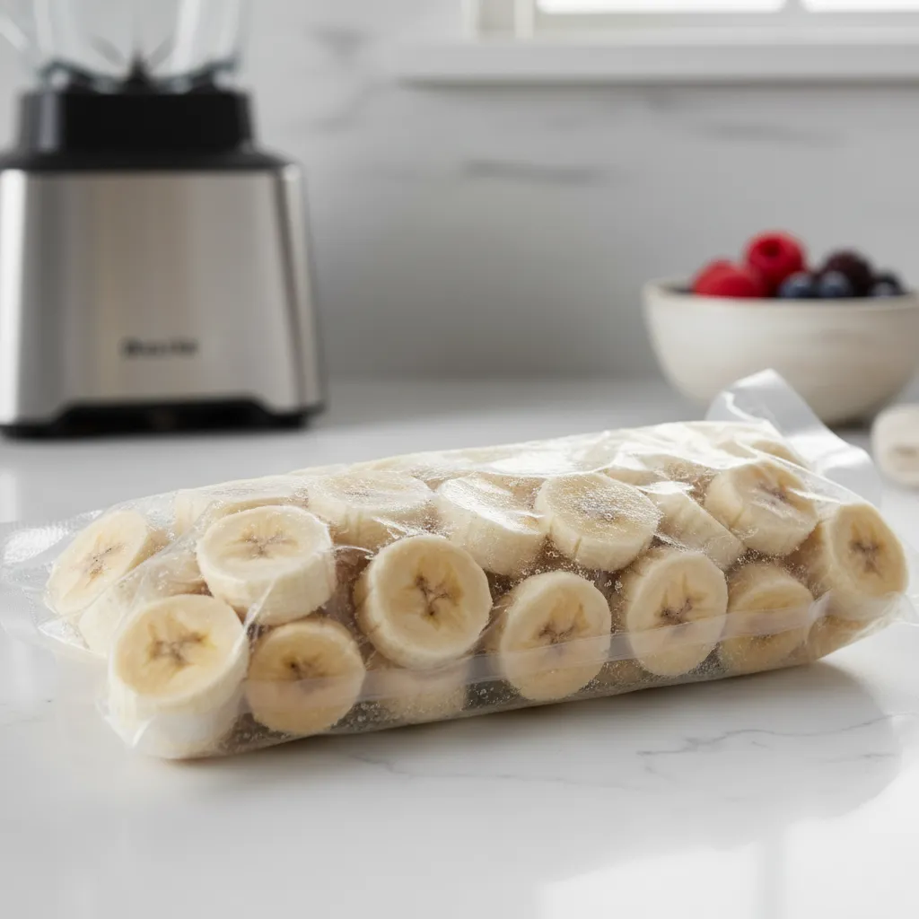 Vacuum sealed frozen banana slices for smoothies