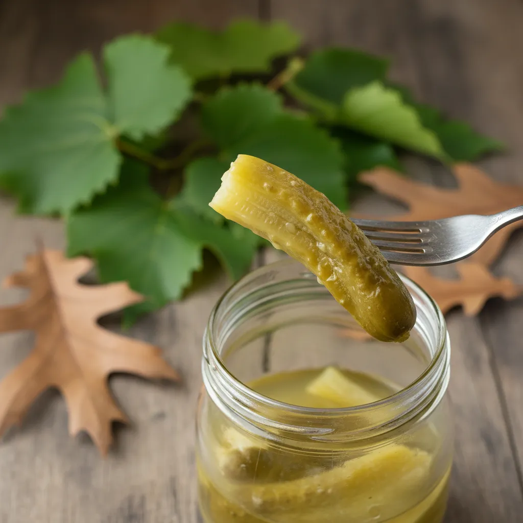 Soft fermented pickle on a fork with tannin-rich leaves in background