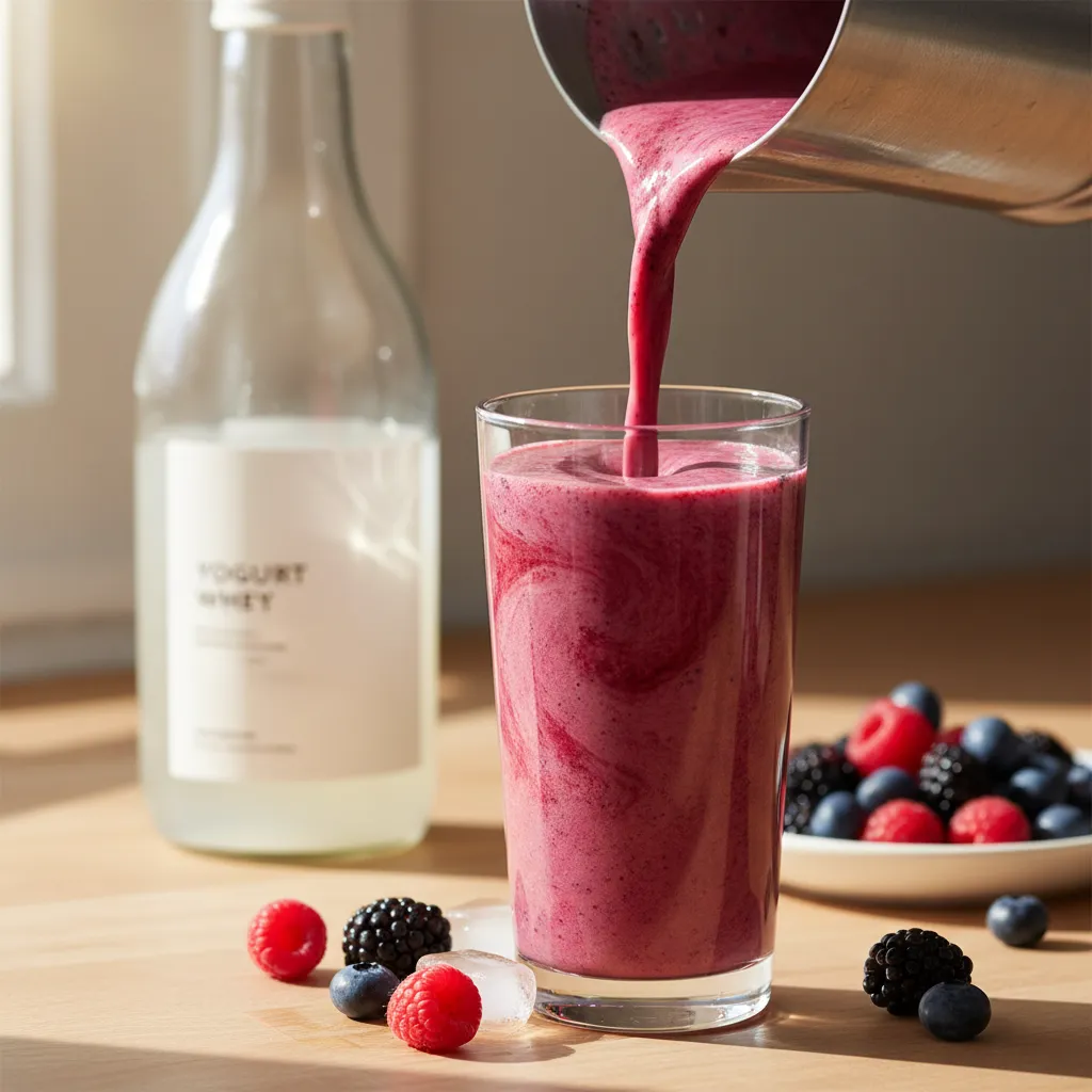 High protein berry smoothie made with leftover yogurt whey for electrolytes