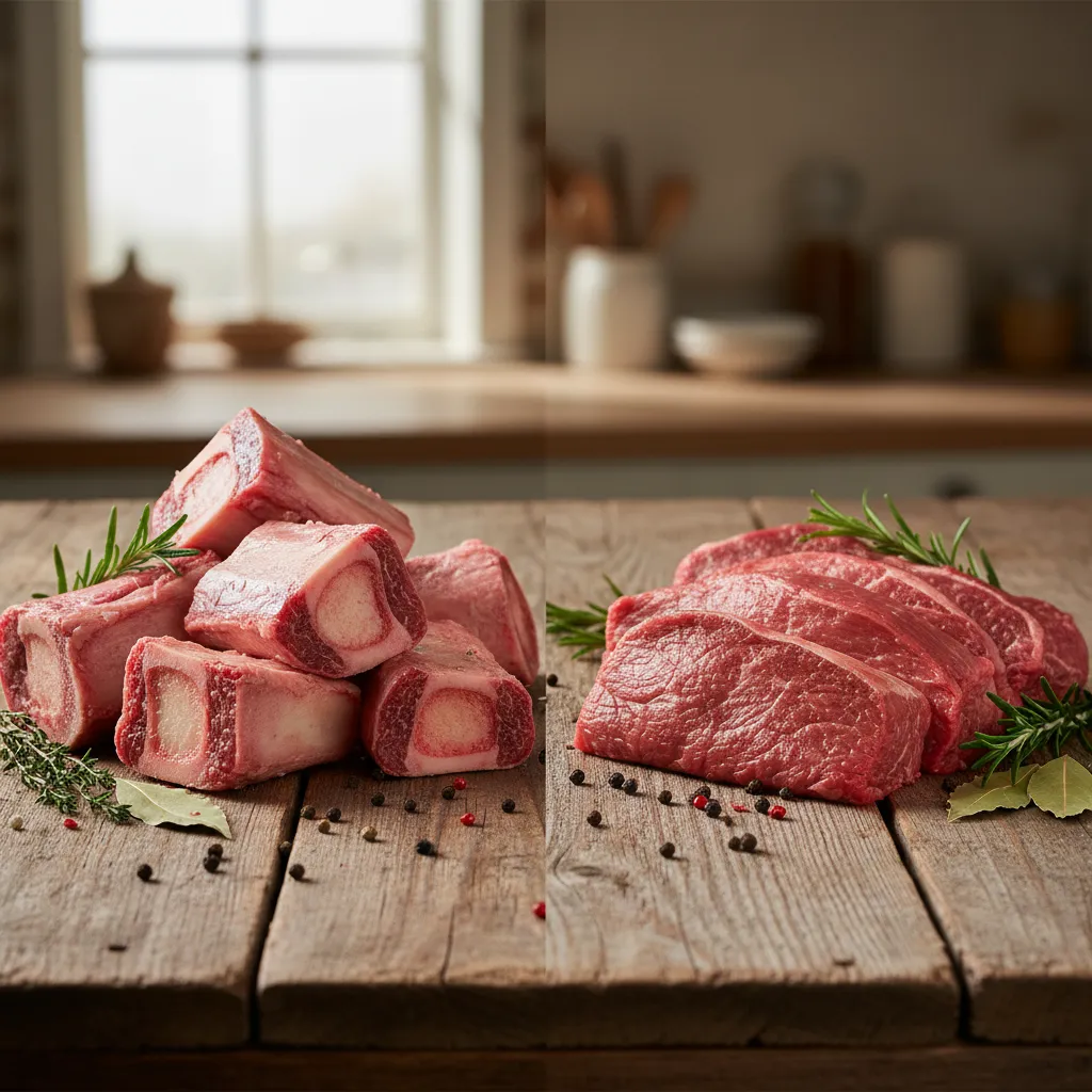 Comparison of raw beef bones for stock and lean meat for broth on a wooden table