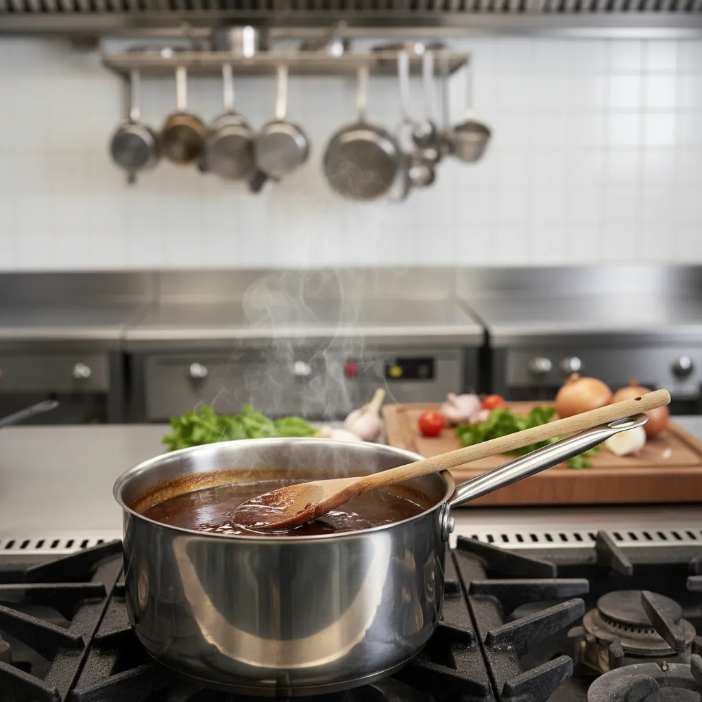 Thick reduction sauce bubbling in a pan made from unseasoned stock