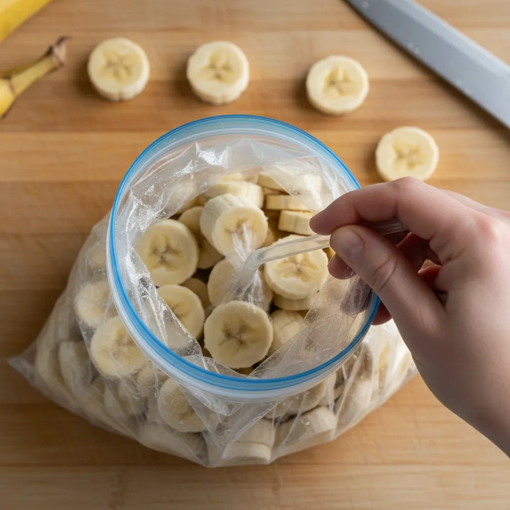 Removing air from banana freezer bags using a straw