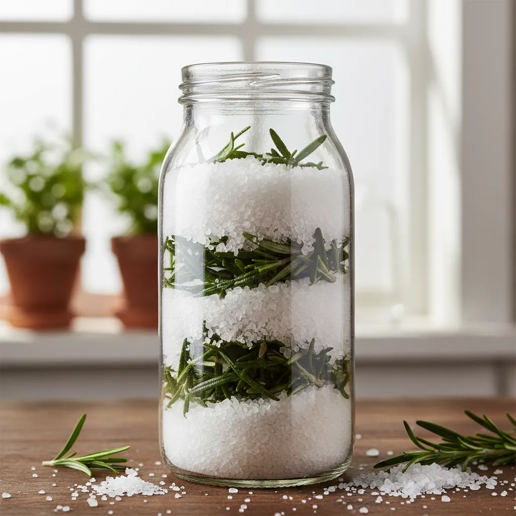 Rosemary sprigs layered in coarse salt for curing