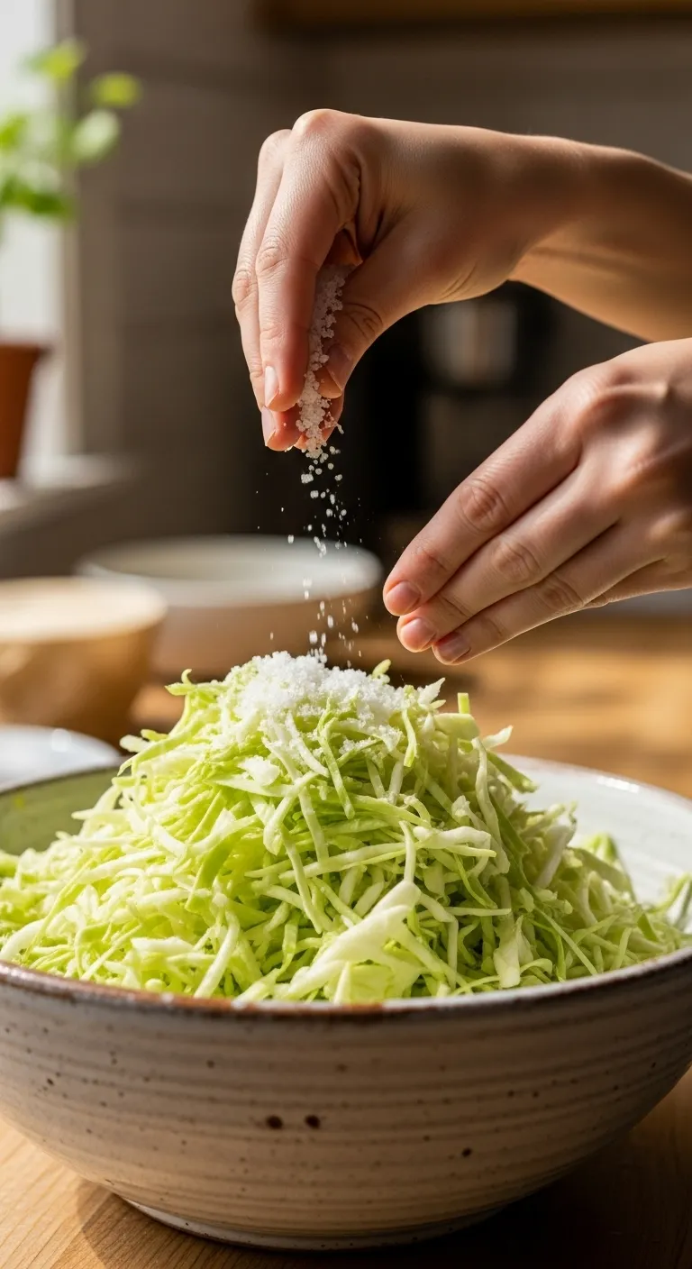 Hands sprinkling sea salt onto shredded green cabbage