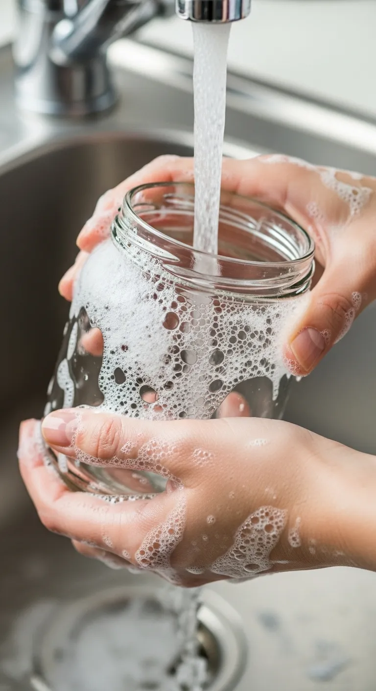 Washing a glass jar with soap and water for fermentation