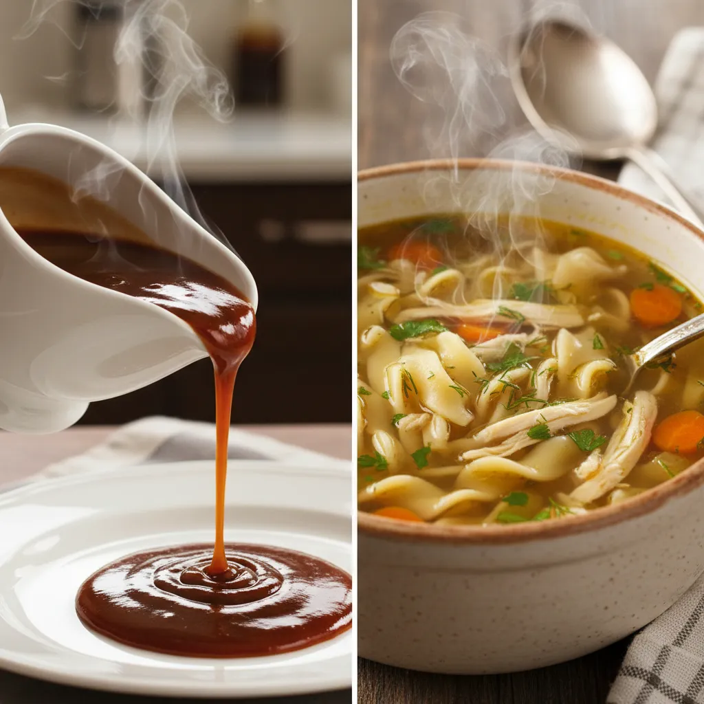 Rich demi-glace sauce pouring next to a bowl of fresh chicken noodle soup