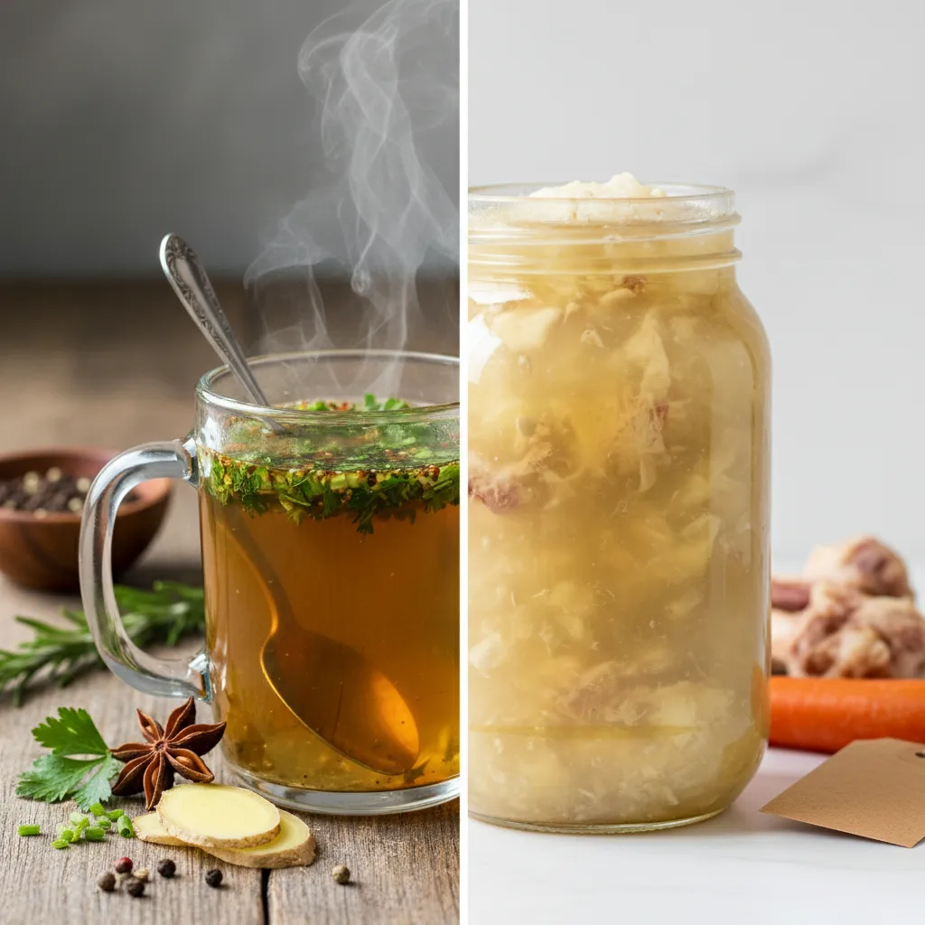 Side by side comparison of golden sipping broth in a mug and gelatinous cooking stock in a jar