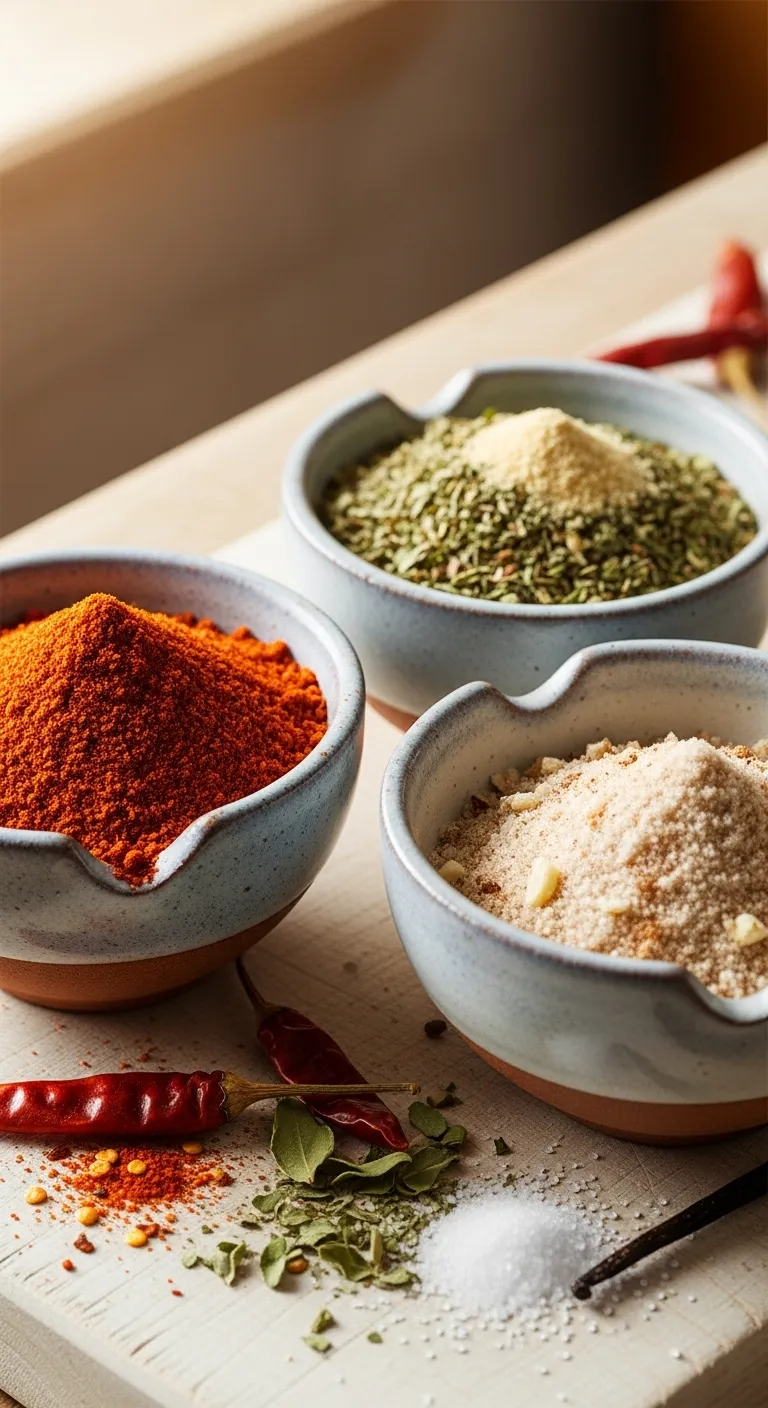 Bowls of different spice blends including chili lime and cinnamon sugar