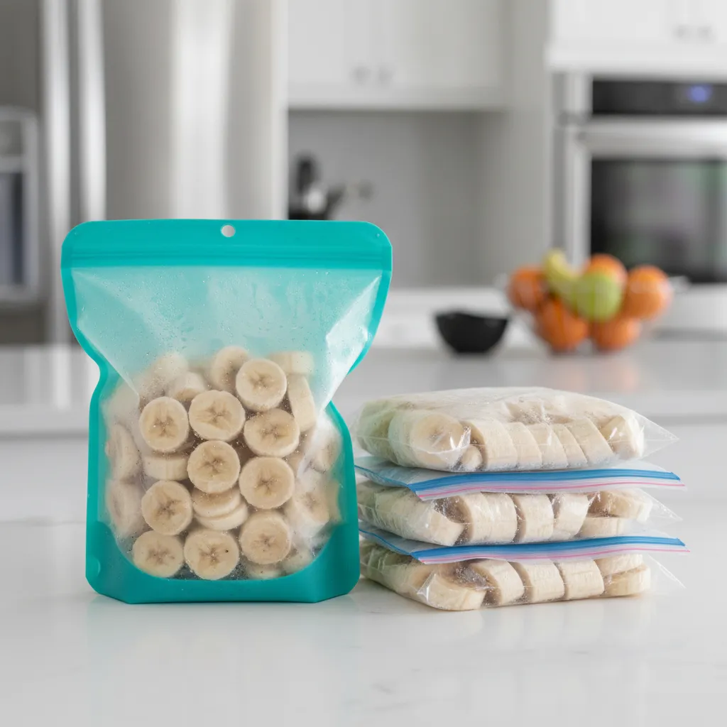 Comparison of silicone and plastic bags for freezing bananas