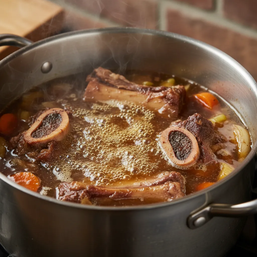 Roasted beef bones simmering in water to release collagen