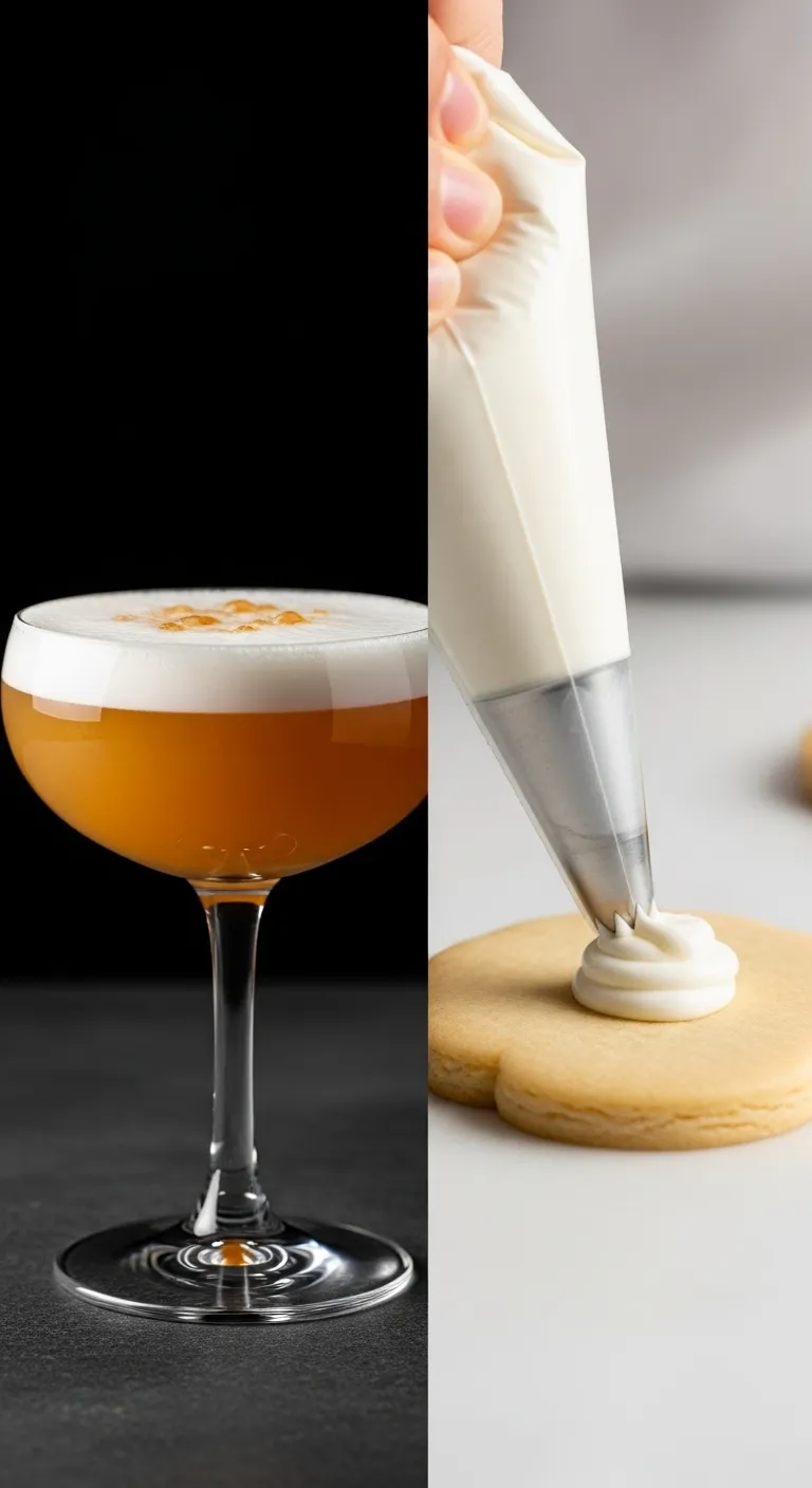 Split image of a whiskey sour cocktail and royal icing being piped onto a cookie