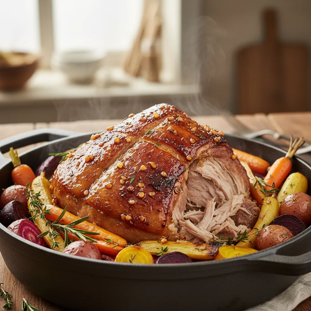 Golden roasted pork shoulder in cast iron pot