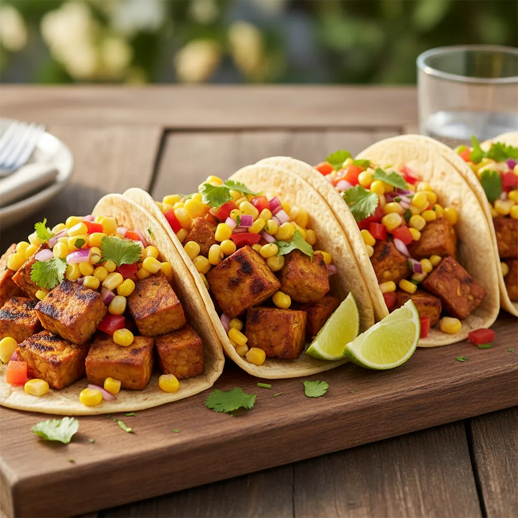 Air fryer tempeh tacos served with fresh corn salsa and lime wedges