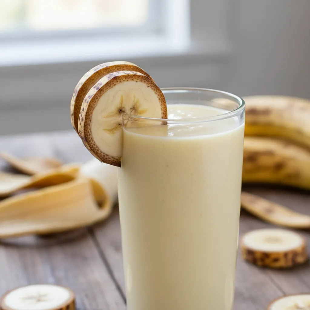 A delicious creamy banana smoothie with a spotted banana garnish