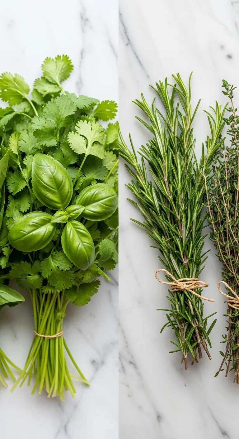 Fresh soft cilantro and basil next to woody rosemary and thyme on a kitchen counter