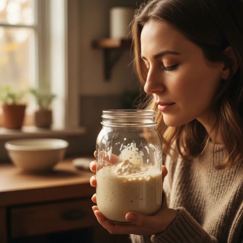A home cook smelling a fresh sourdough starter in a glass jar