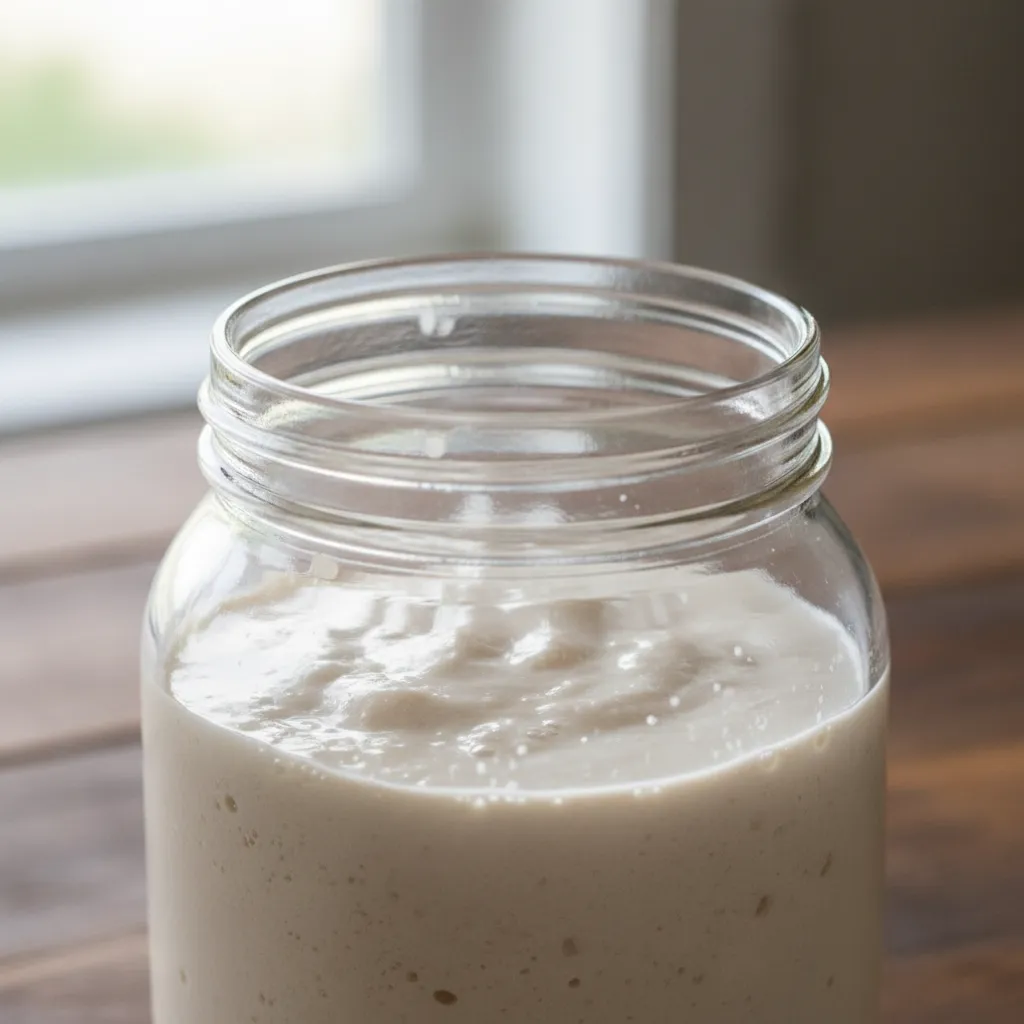Close up of sourdough starter in a glass jar showing initial fermentation