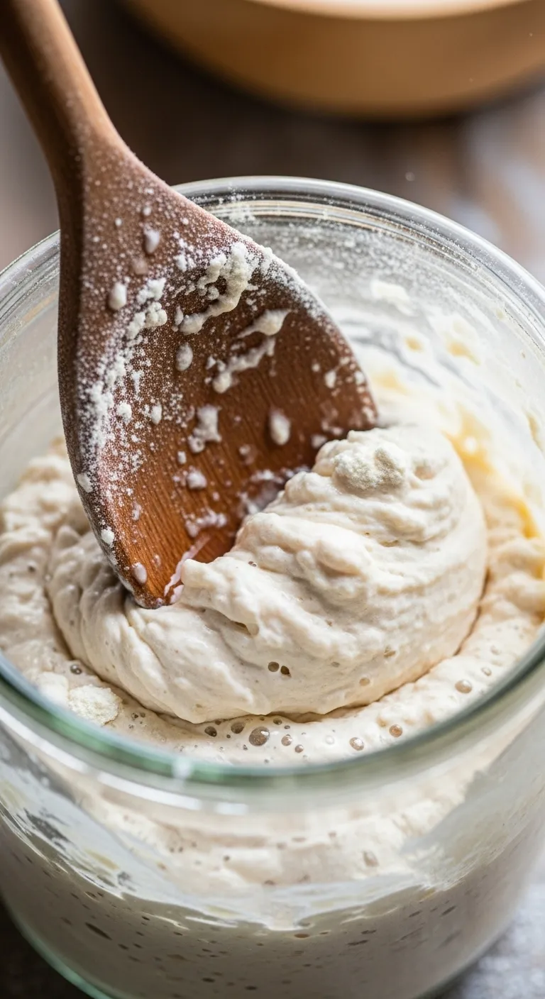 Stirring fresh flour and water into a sourdough starter for a revival feeding.
