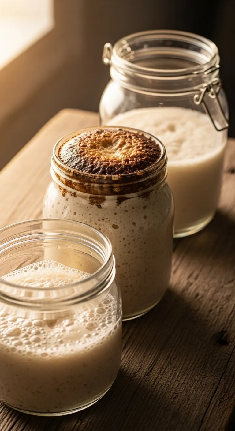 Three glass jars of sourdough starter showing different fermentation stages and symptoms.