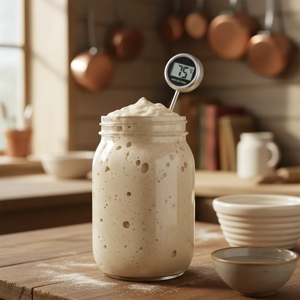 Active sourdough starter in a jar with a digital thermometer nearby to monitor temperature.