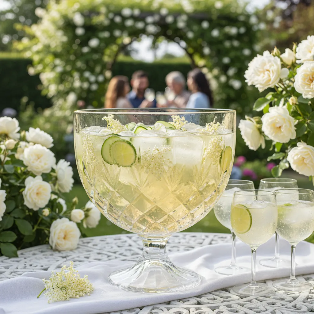 A beautiful crystal punch bowl with gin elderflower cocktail and fresh garnishes