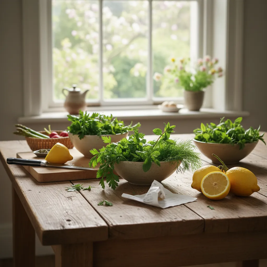 Wooden kitchen counter with fresh spring ingredients and a prep list for a party.
