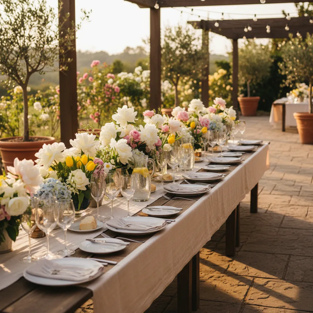 Elegant spring outdoor table setting with floral centerpieces and glassware.