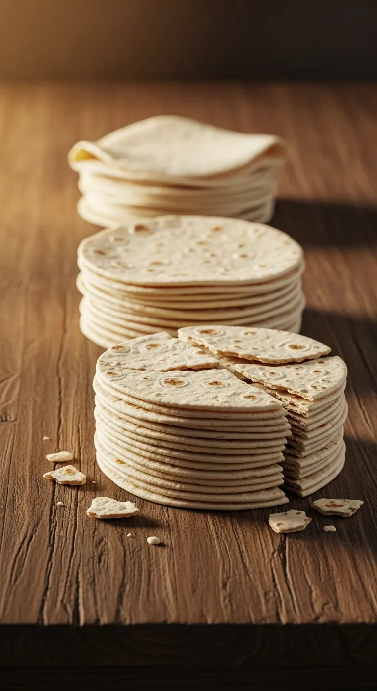 Comparison of fresh, leathery, and brittle stale flour tortillas on a wooden table