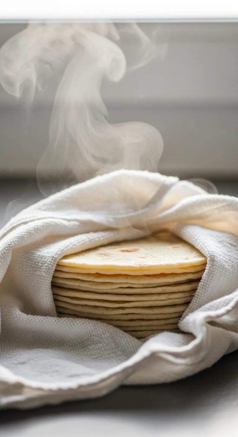 Warm flour tortillas wrapped in a damp towel to restore moisture