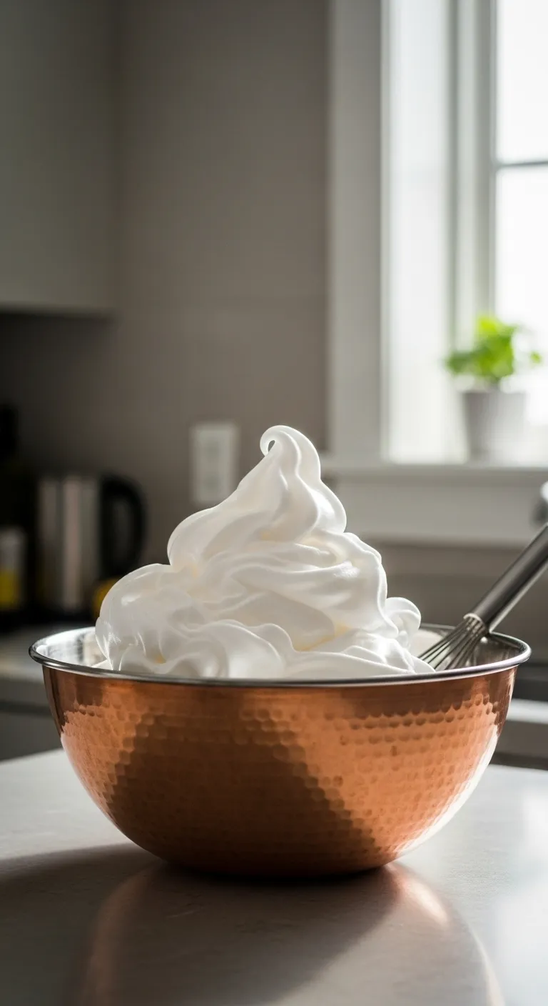 Glossy stiff peak egg whites in a copper bowl ready for baking