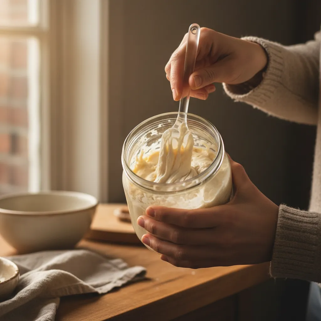 A hand stirring sourdough starter in a glass jar