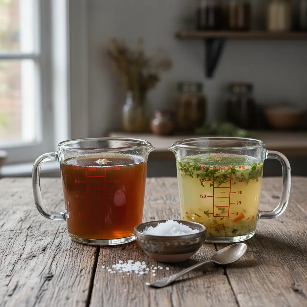 Glass measuring cups with dark bone stock and golden broth next to sea salt