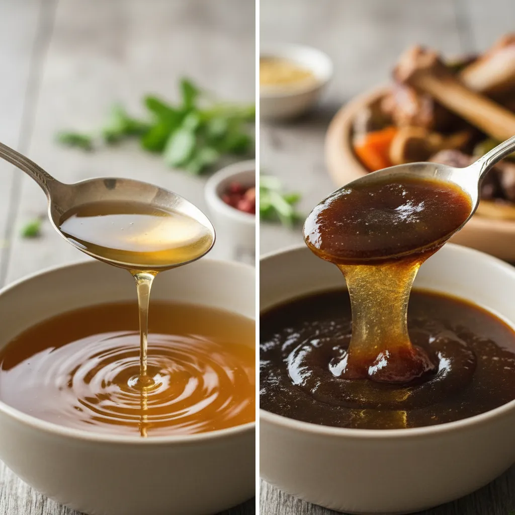 Close up comparison of watery broth texture versus thick gelatinous stock texture on a spoon