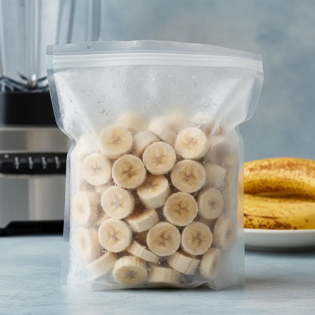 A clear bag filled with individual frozen banana coins ready for smoothies