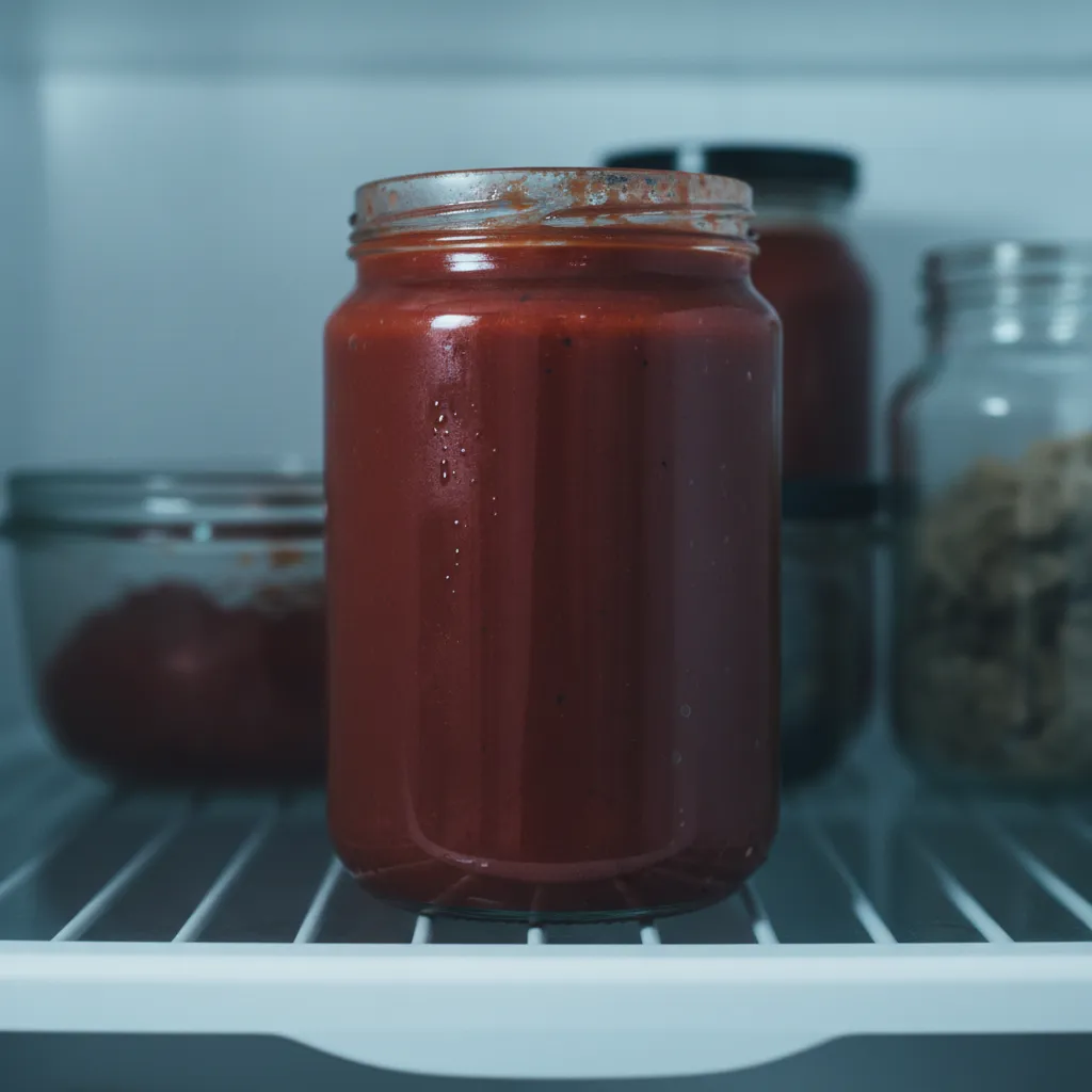 Glass jar of tomato paste stored in a refrigerator