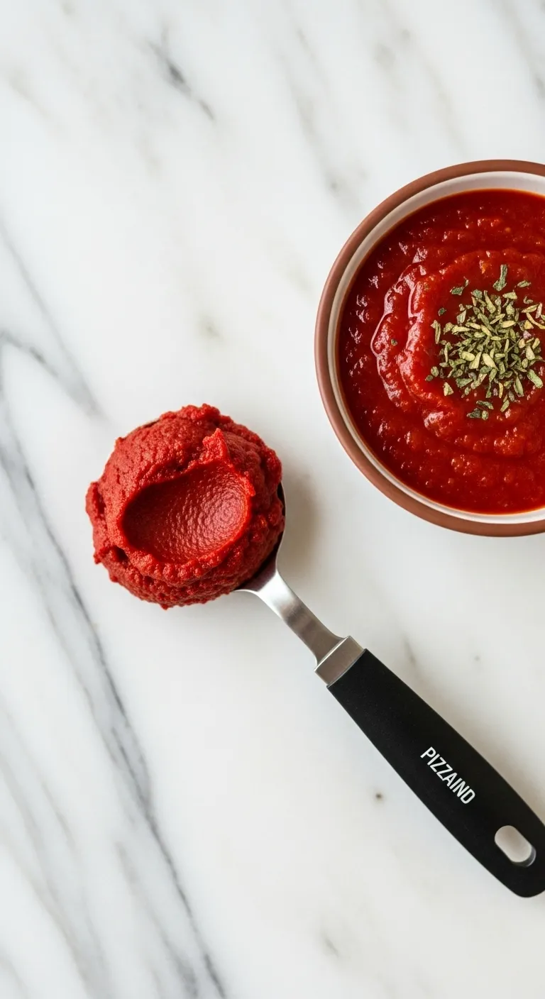 One tablespoon of tomato paste turned into instant pizza sauce on a marble counter