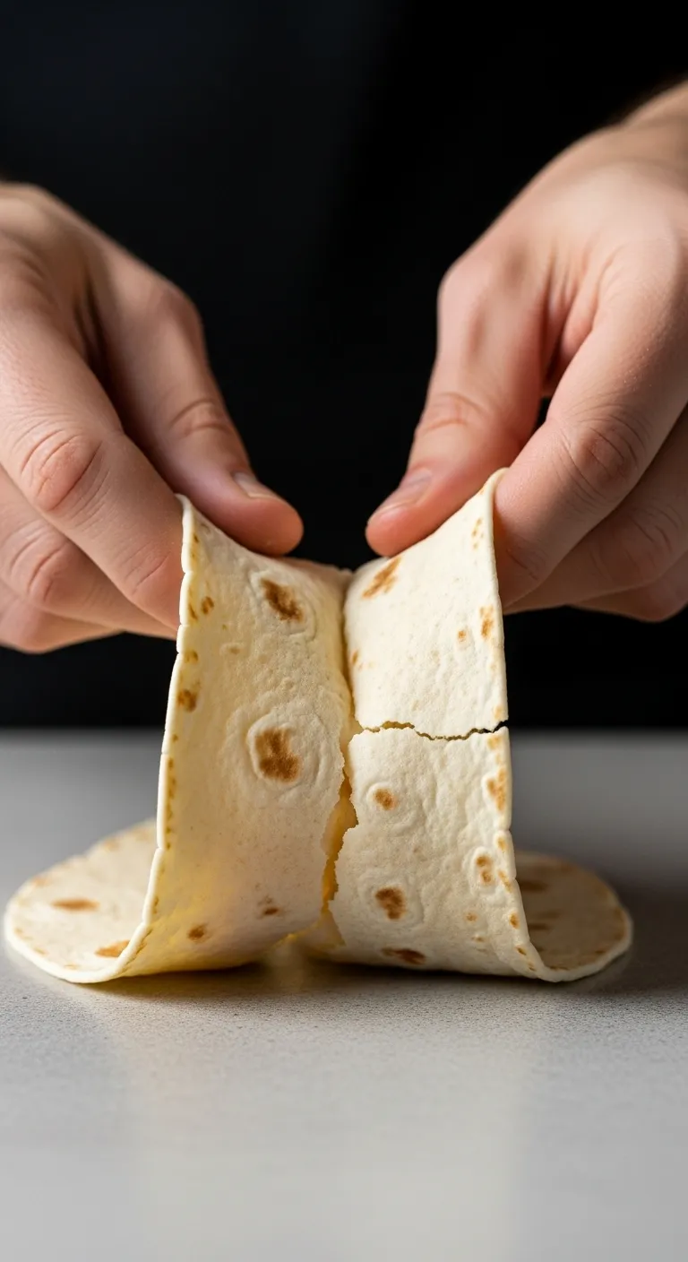 Hands bending a flour tortilla to test for cracks and dryness