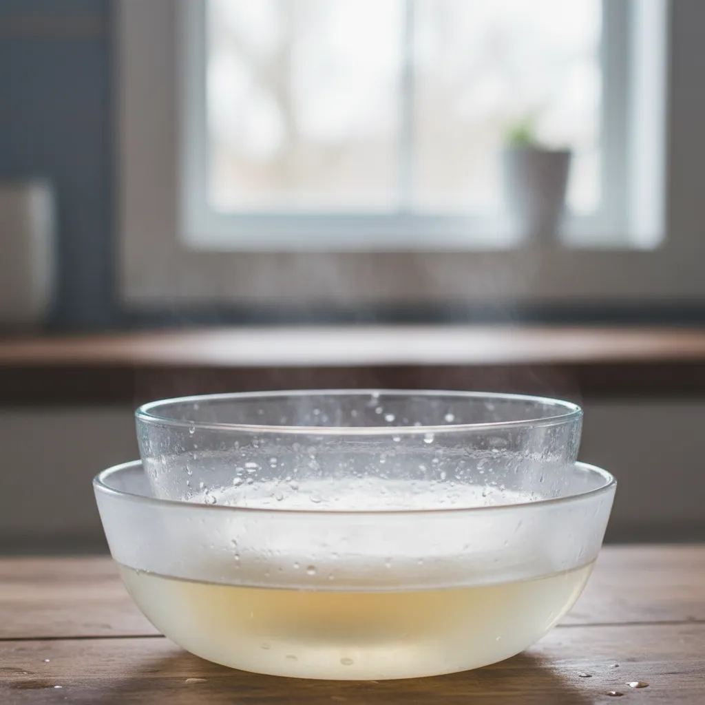 Glass bowl of egg whites thawing gently in a water bath