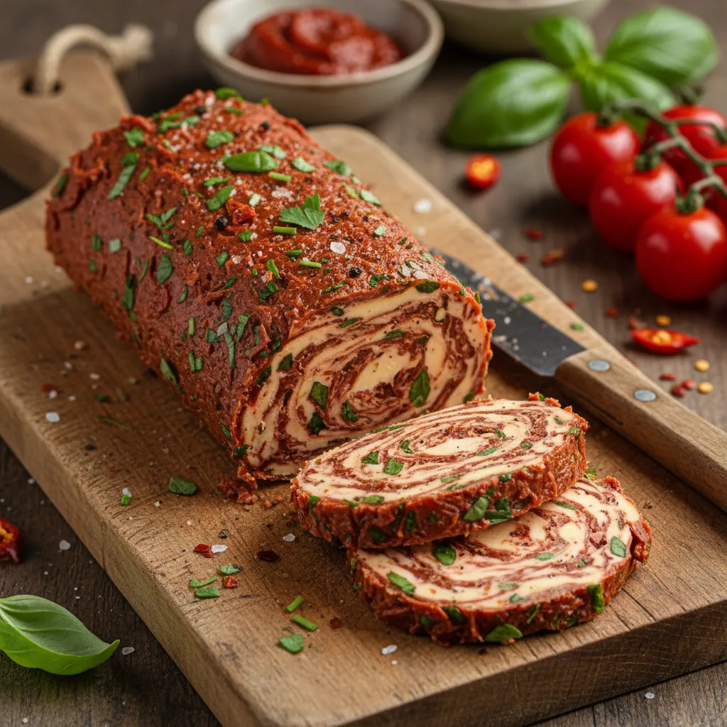 Sliced compound butter with tomato paste and fresh herbs on a wooden board