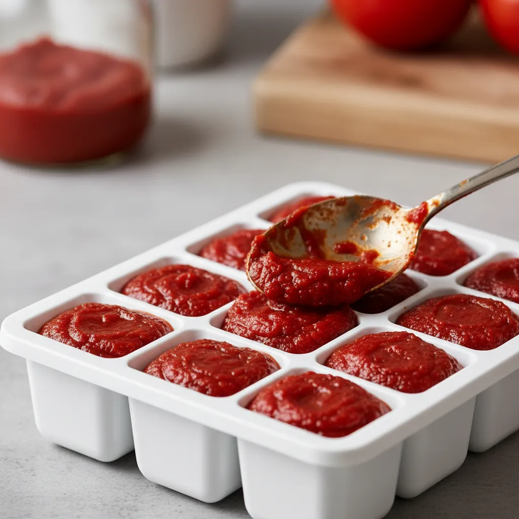 Freezing tomato paste portions in an ice cube tray